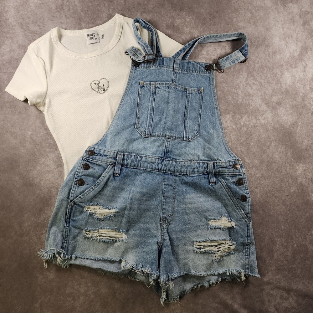 Y2K Abercrombie & Fitch Denim Shortalls M Light Wash Distressed Jean